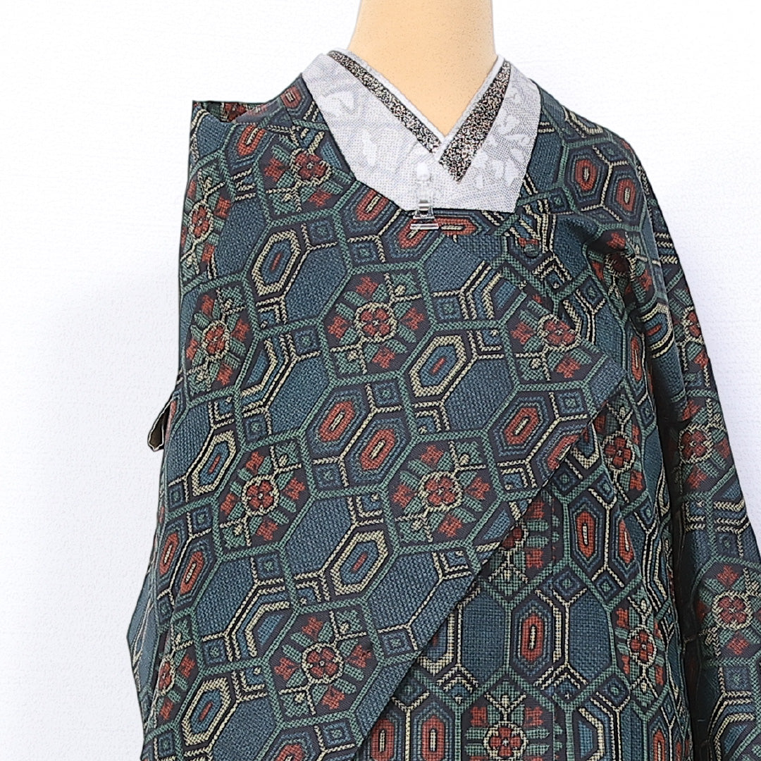 道行コート 身丈82cm 裄丈64cm M 正絹 Sランク 袷 紬 亀甲 1263-10774