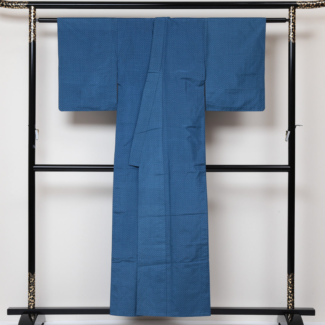 紬 単衣 身丈153cm 裄丈62cm 正絹 Bランク カジュアル バチ衿 Sサイズ 蚊絣 青系 RP 1223-03004