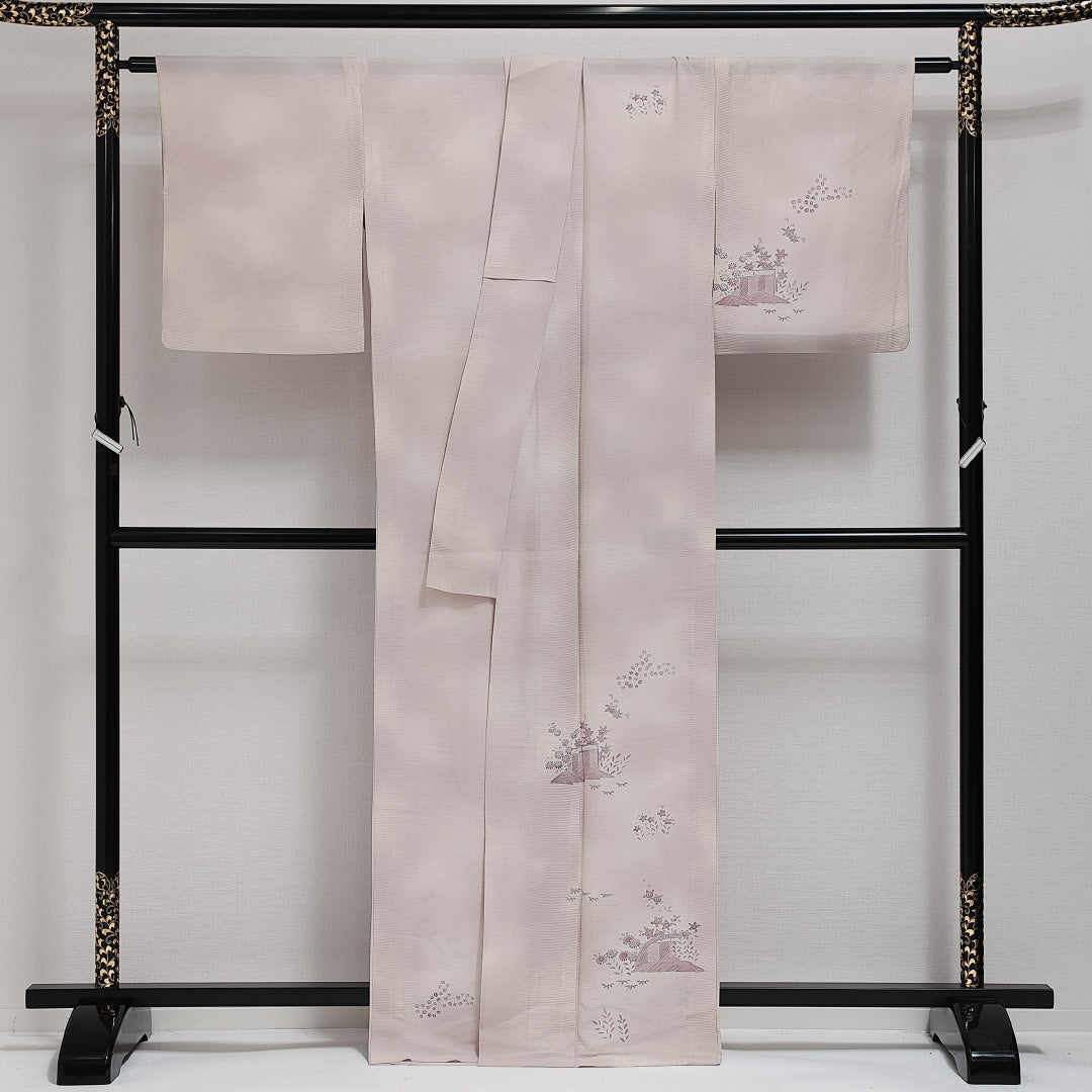 訪問着 (付下げ)絽 身丈163cm 裄丈63cm Aランク 正絹 広衿 Lサイズ セミフォーマル 檜垣 上品 落ち着き 紫系 クリーム系 1212-14273