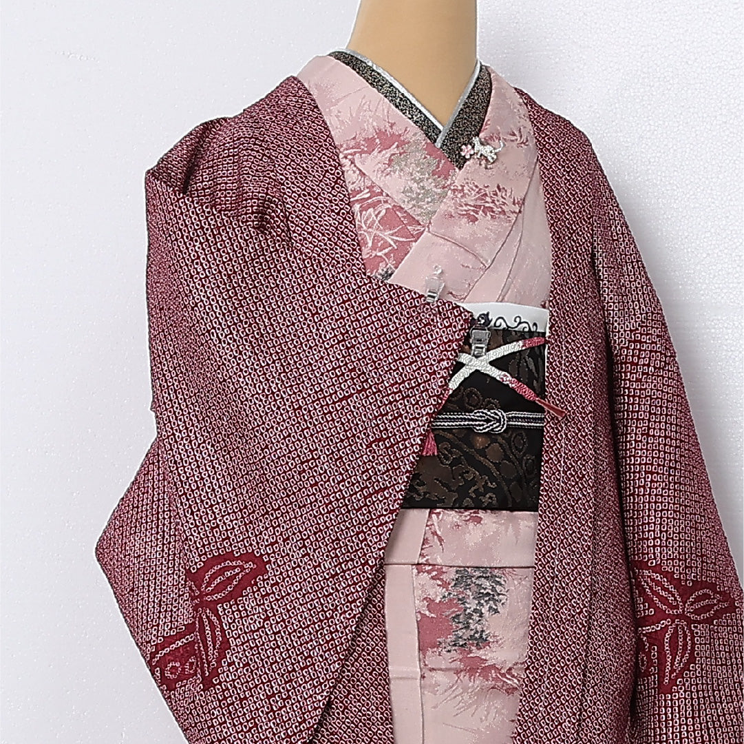 羽織 袷 身丈80cm 裄丈64cm 正絹 Sランク カジュアル Mサイズ 紐あり 植物柄 ピンク系 RP 1232-12807