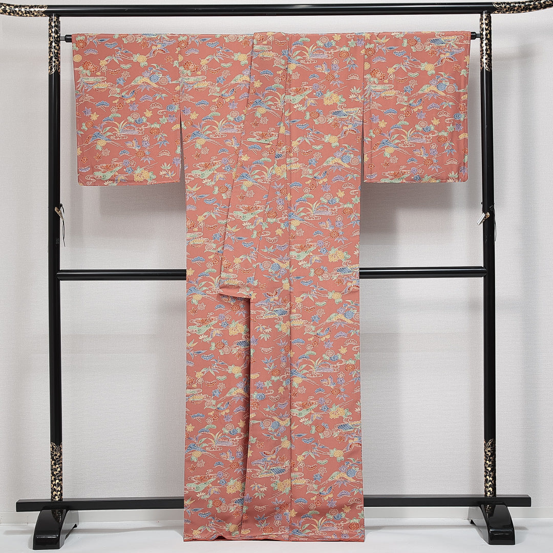 洗える着物 小紋 袷 身丈168cm 裄丈66cm ポリエステル Sランク インフォーマル 広衿 XLサイズ 型染め ガード加工 蝶 古典柄 朱系 RP 1221-14731