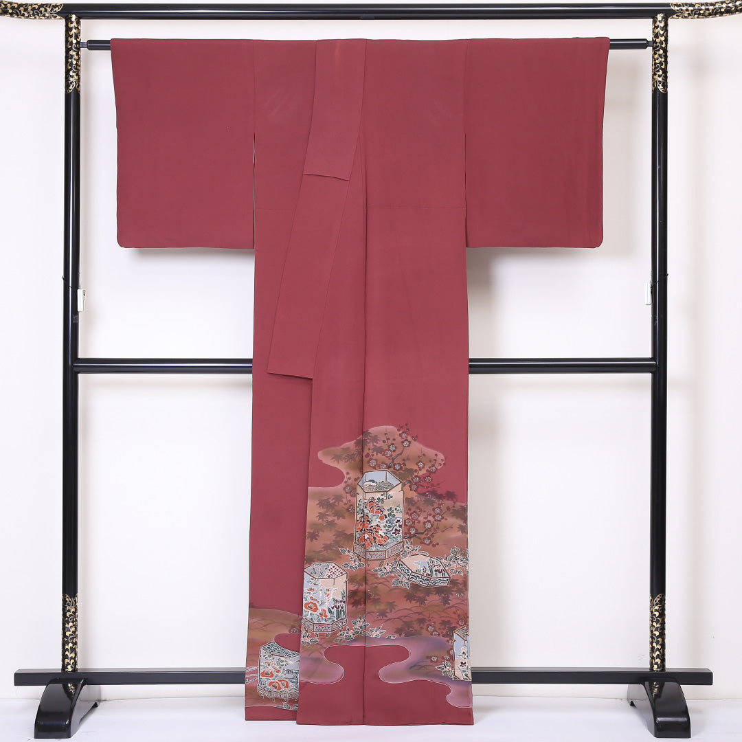 色留袖 一つ紋 桔梗 身丈163cm 裄丈66cm Bランク 正絹 袷 広衿 L 貝桶 セミフォーマル 茶系 1211-F0197