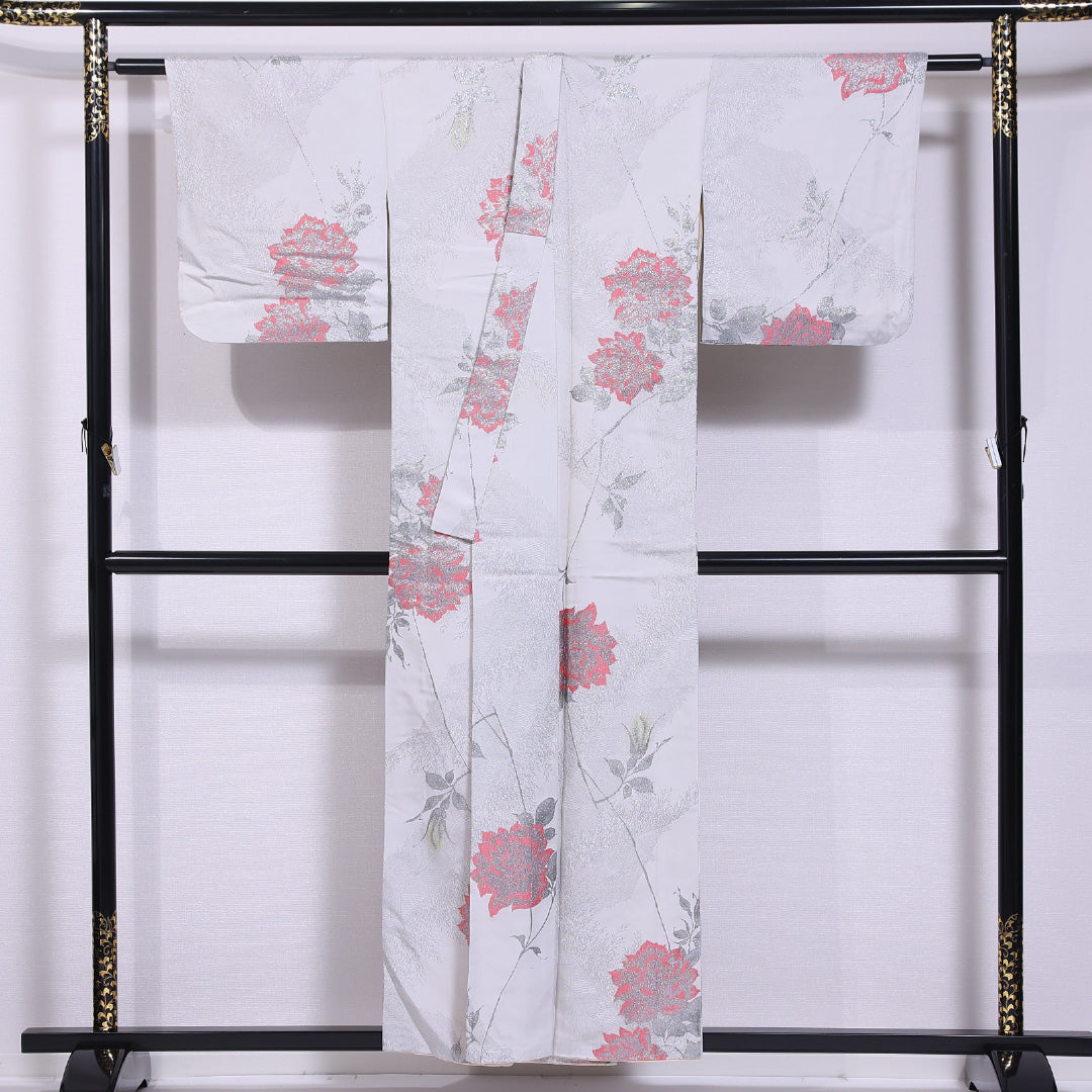 アンティーク 小紋 (お召) 袷 身丈154cm 裄丈64cm 正絹 Cランク バチ衿 Sサイズ 漆糸 薔薇 グレー系 RP 1221-11657