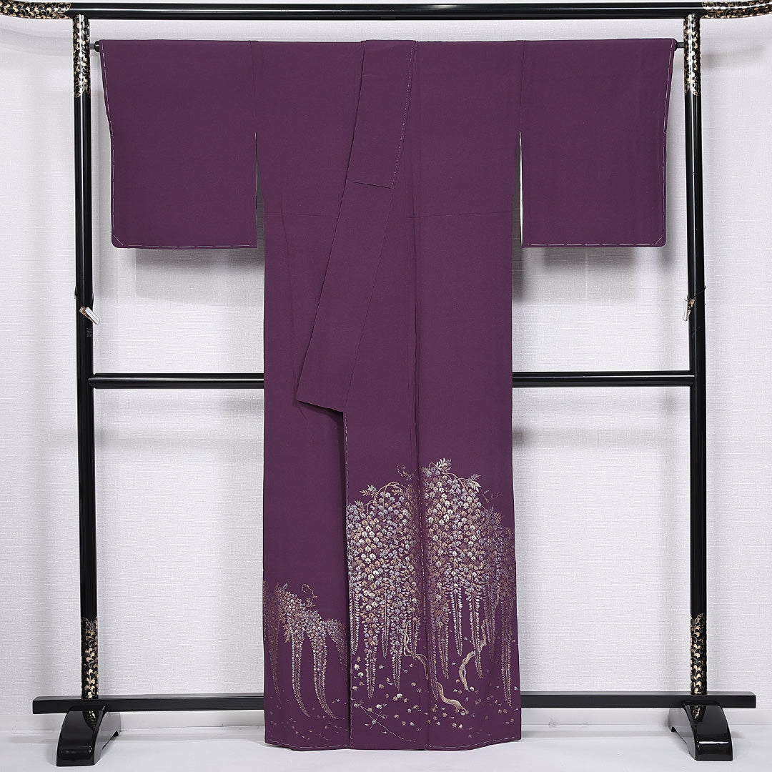 色留袖 身丈156.5cm 裄丈67.5cm 袷 一つ紋 藤輪に花菱 正絹 Aランク 広衿 藤 しつけ糸 1211-F0411