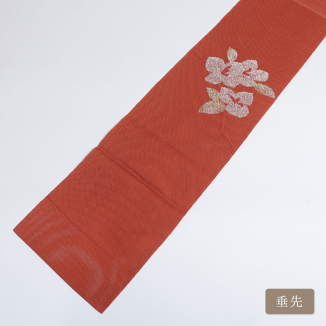 八寸名古屋帯 (夏帯) Aランク 帯丈366cm 正絹 ポイント柄 松葉仕立て 織り インフォーマル 花柄 朱系 LP 1245-00570