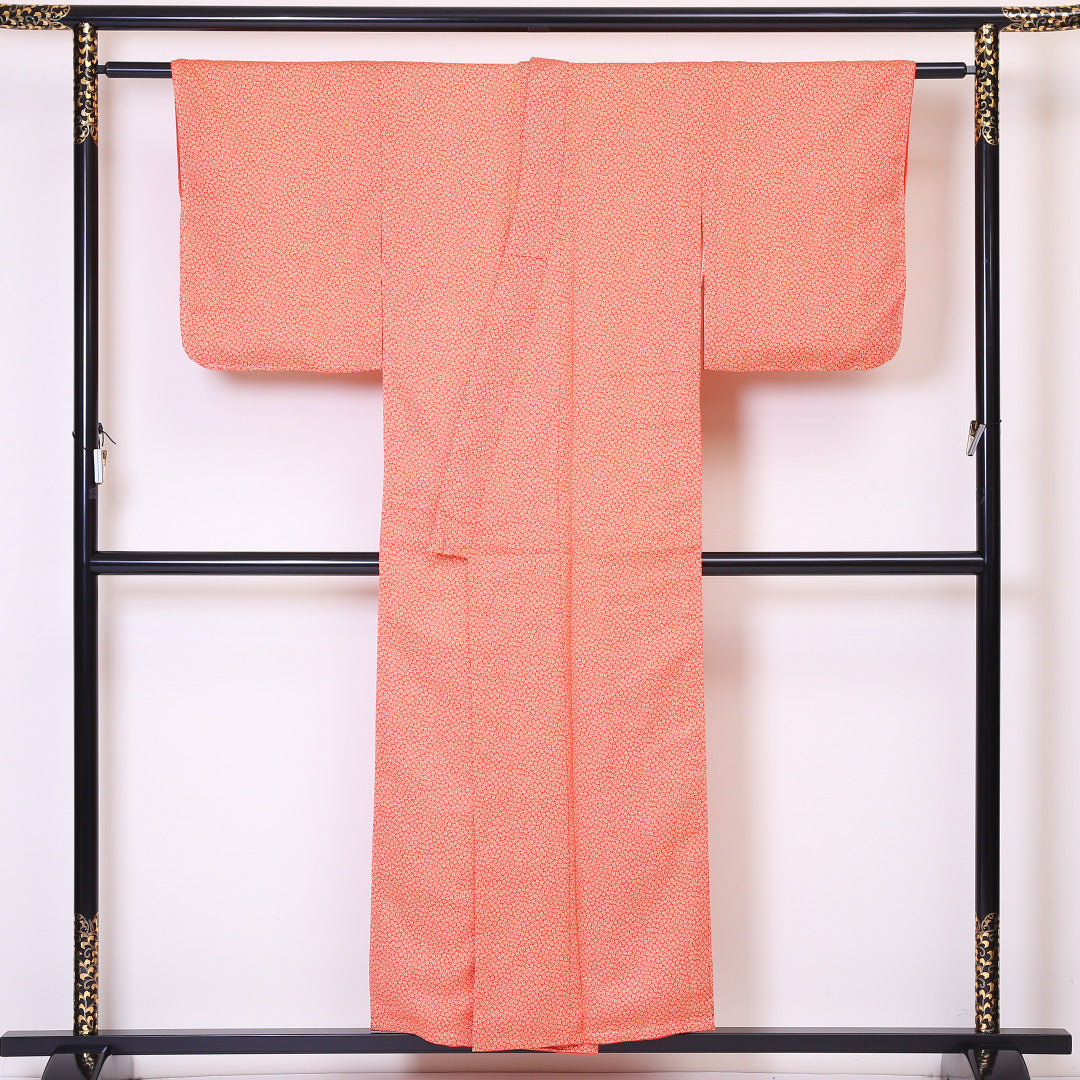 小紋 袷 身丈152cm 裄62cm 朱系 花柄 レトロ 正絹 Sランク 1215-01895-2216