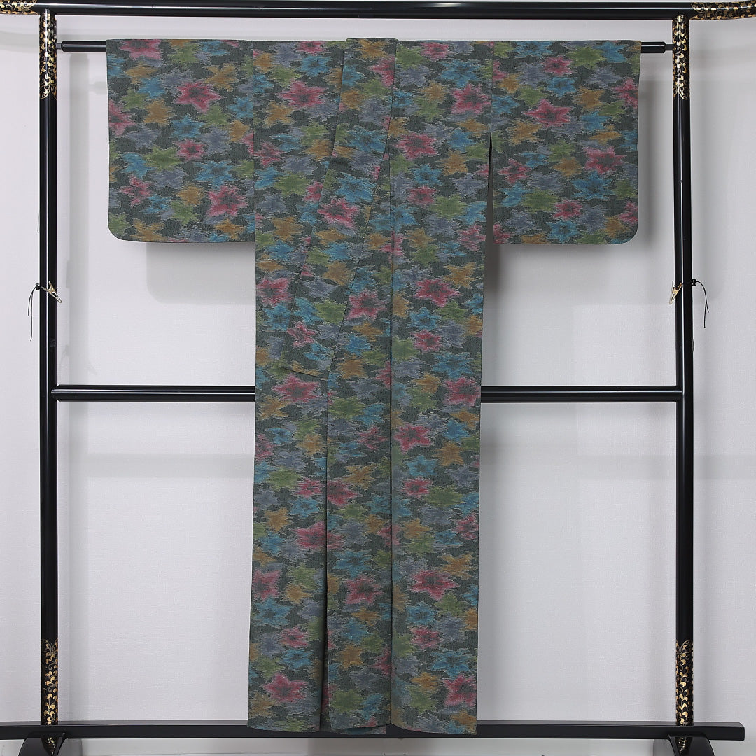 洗える着物 ウールの紬 単衣 身丈151cm 裄丈63cm ウール Aランク カジュアル 広衿 Sサイズ 花柄 緑系 HP 1223-12381