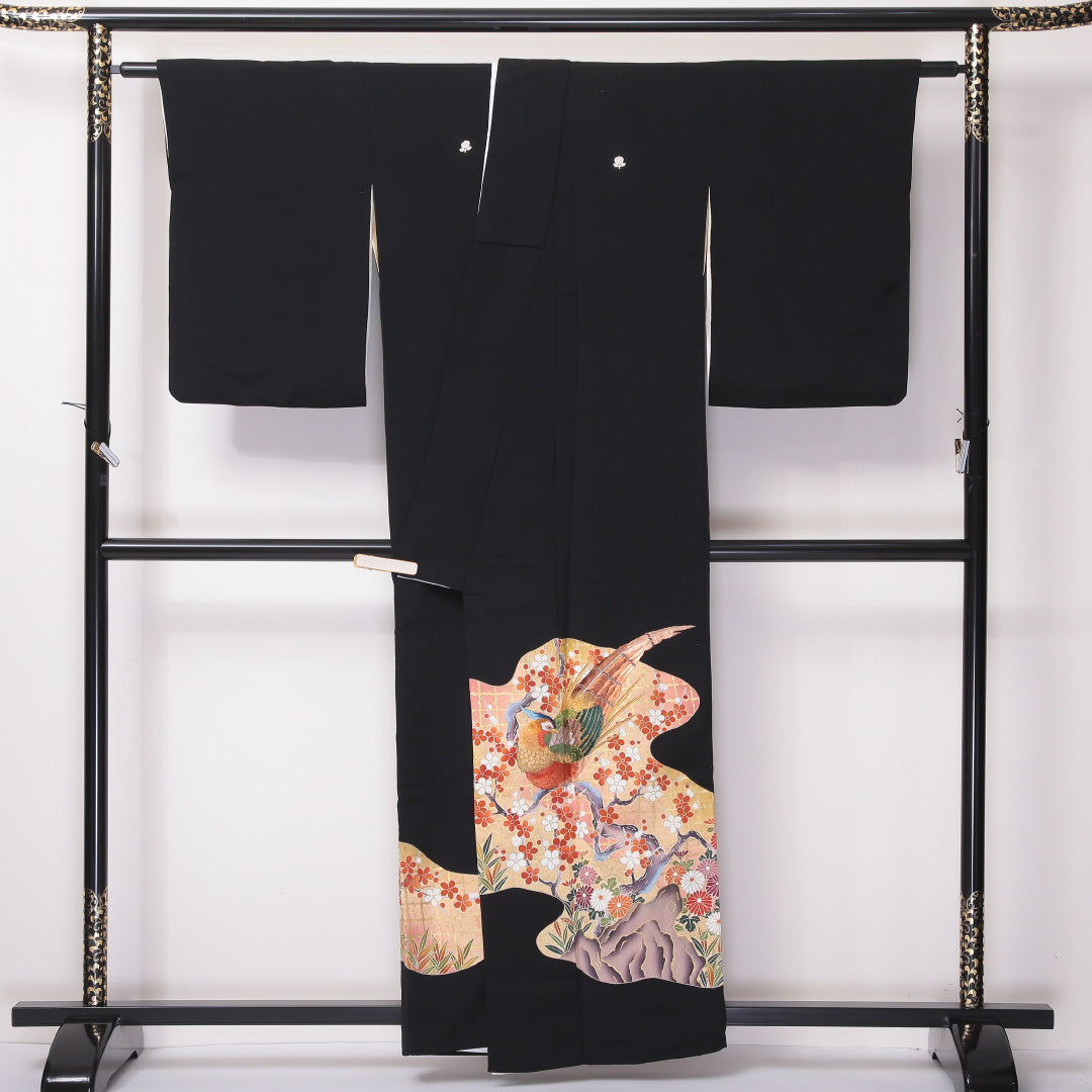 黒留袖 五つ紋 橘 身丈156cm 裄丈63cm Aランク 正絹 袷 広衿 M 唐織 刺繍 雉 道長取り フォーマル 黒系 1211-F0245