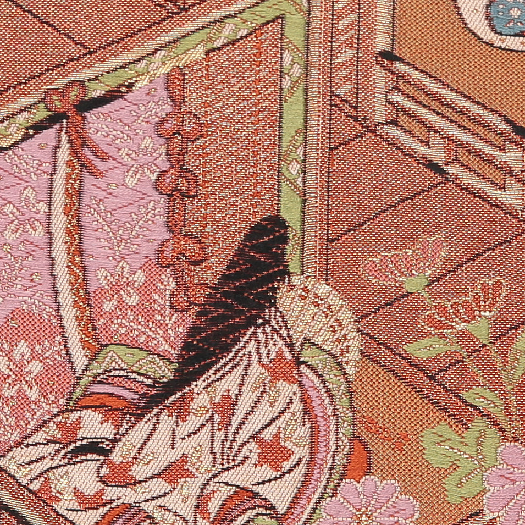 袋帯 帯丈420cm 正絹 六通 フォーマル 平安絵巻 雲取り 金系 朱系 1243-01169