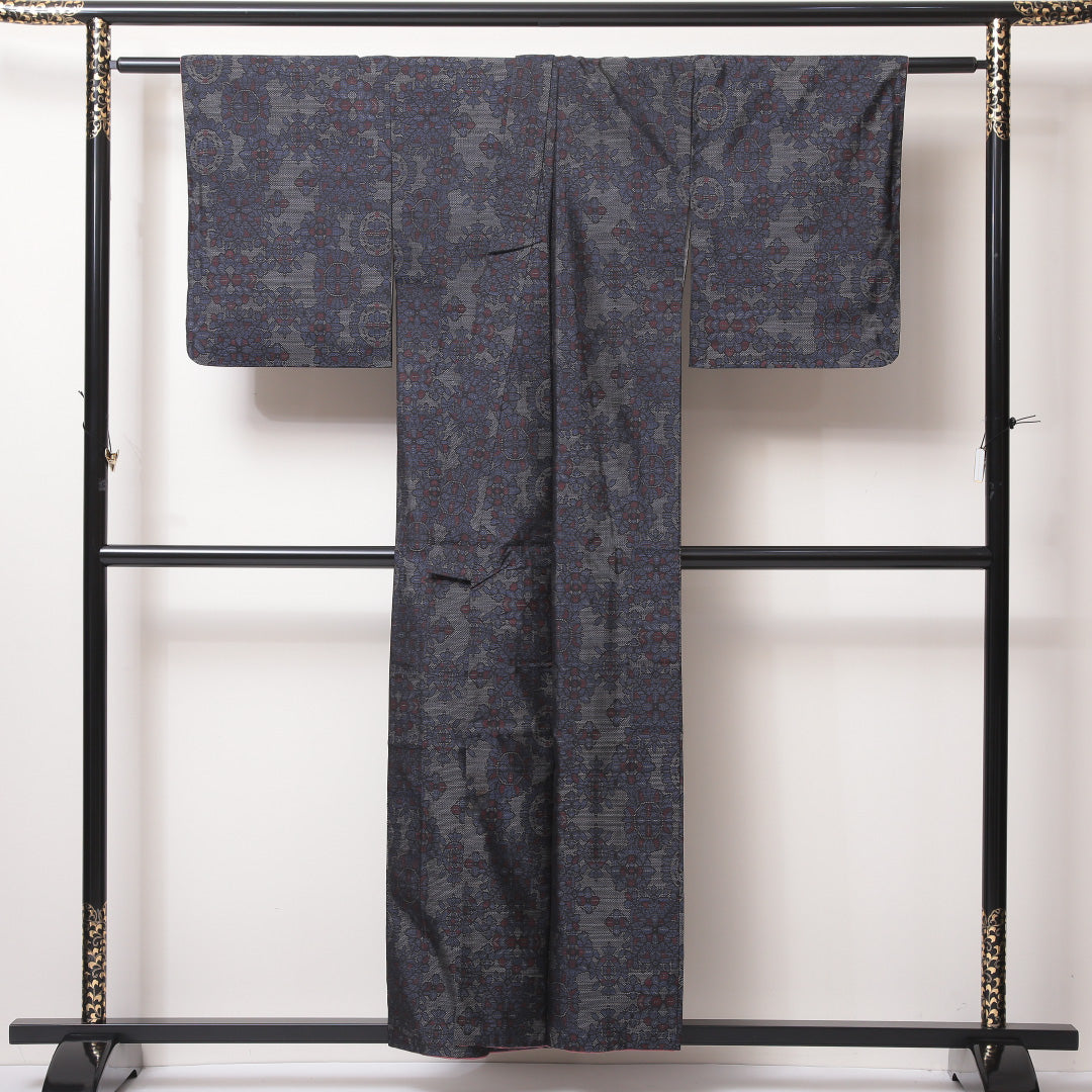 大島紬 袷 身丈154cm 裄62cm 正絹 花柄 紺系 Sランク 1216-01053