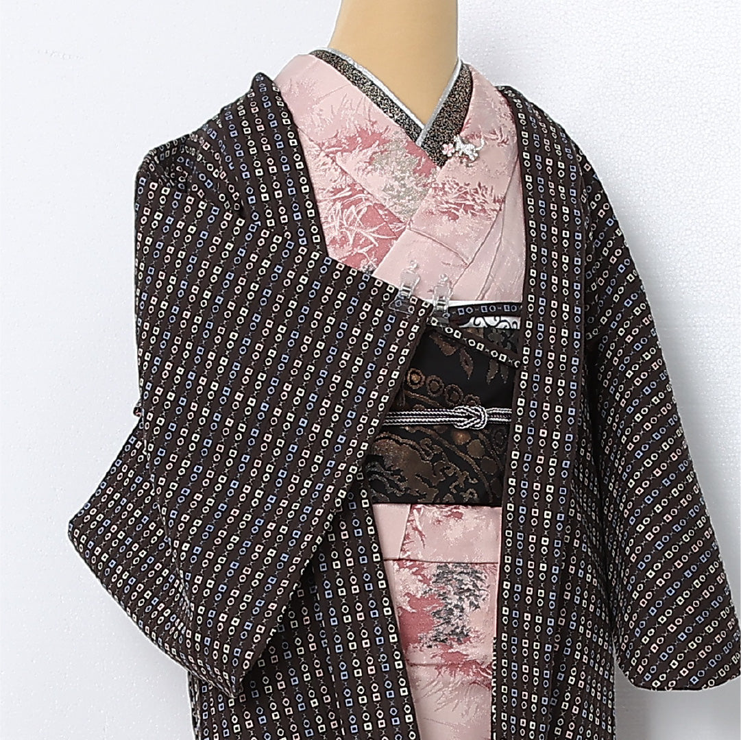 羽織 袷 身丈76cm 裄丈61cm 正絹 Sランク カジュアル Sサイズ 紐あり 創作柄 茶系 RP 1232-12814