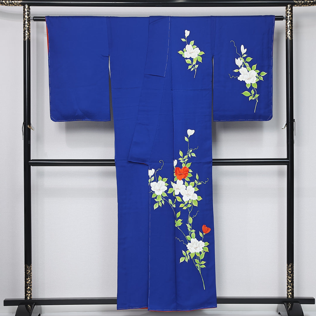 付下げ 身丈155cm 裄丈64cm Sランク M ポリエステル 洗える着物 袷 広衿 花柄 インフォーマル 青系 1261-12029