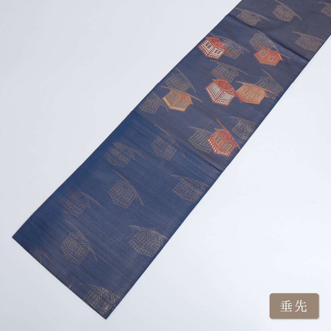 九寸名古屋帯 Bランク 帯丈364cm 正絹 ポイント柄 開き仕立て 織り セミフォーマル 龍 青系 LP 1245-00535