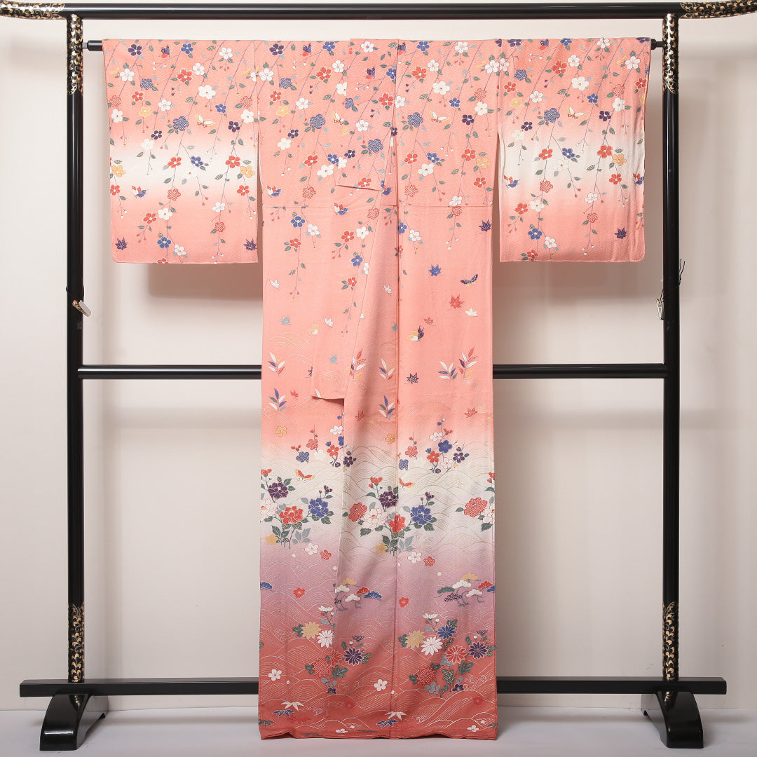 訪問着 袷 身丈165~169cm 裄67cm 正絹 花 蝶 紋意匠 紗綾形 ぼかし ピンク系 しつけ糸 Sランク 1212-00595