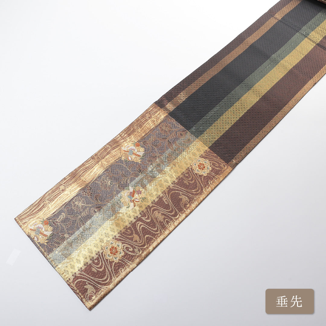 袋帯 帯丈440cm 六通 仕立て上がり フォーマル Sランク 花喰い鳥 金襴 金系 1223-00679-221 1223-00679