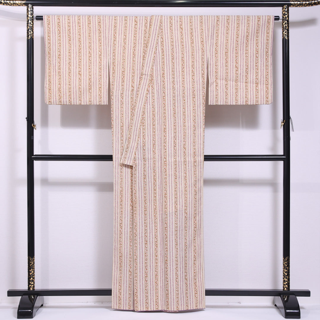 小紋 袷 身丈159cm 裄丈69cm 正絹 Bランク インフォーマル バチ衿 Mサイズ 縞 ベージュ系 RP 1221-11748
