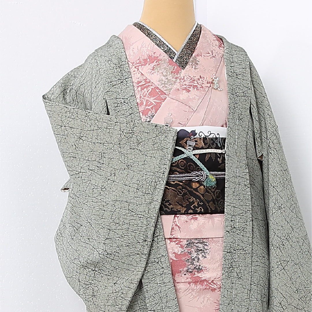 羽織 袷 身丈74cm 裄丈63cm 正絹 Sランク カジュアル Sサイズ 紐あり 創作柄 緑系 RP 1232-12717