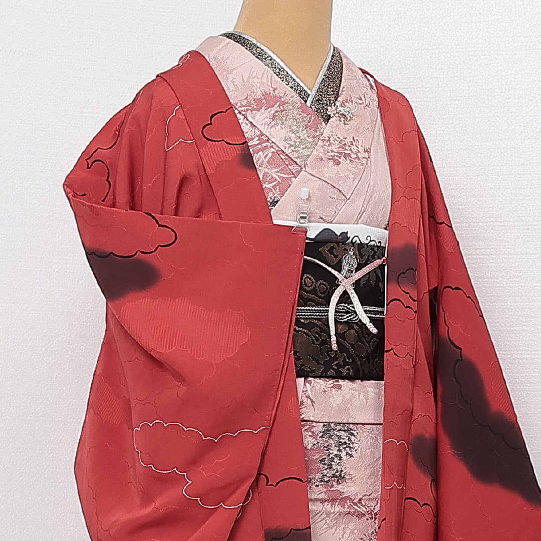 羽織 袷 身丈78cm 裄丈65cm 正絹 Sランク カジュアル Mサイズ 紐あり 雲取り ピンク系 RP 1232-13836