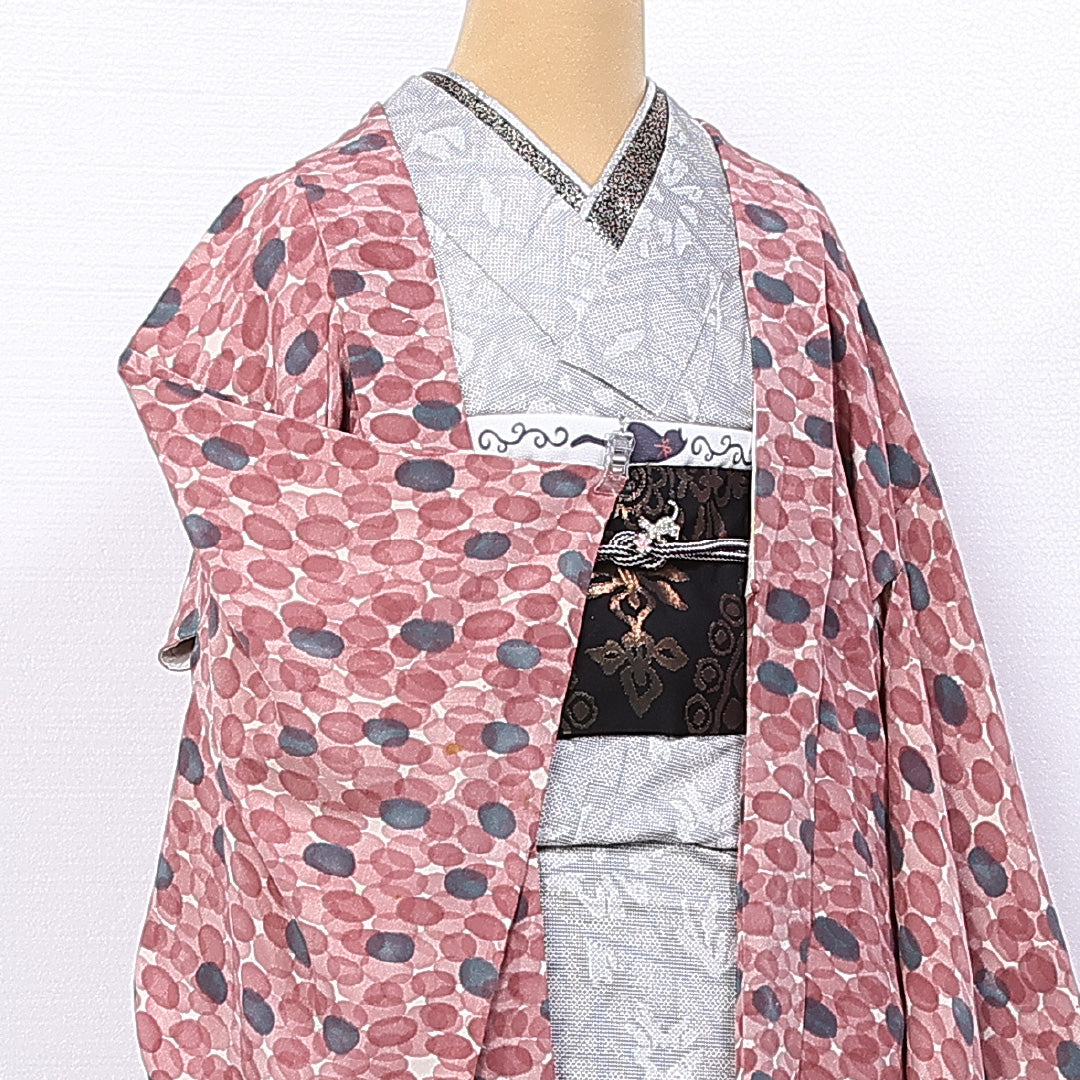 羽織 袷 身丈83cm 裄丈66cm 正絹 Sランク カジュアル Mサイズ 創作柄 ピンク系 RP 1232-11069