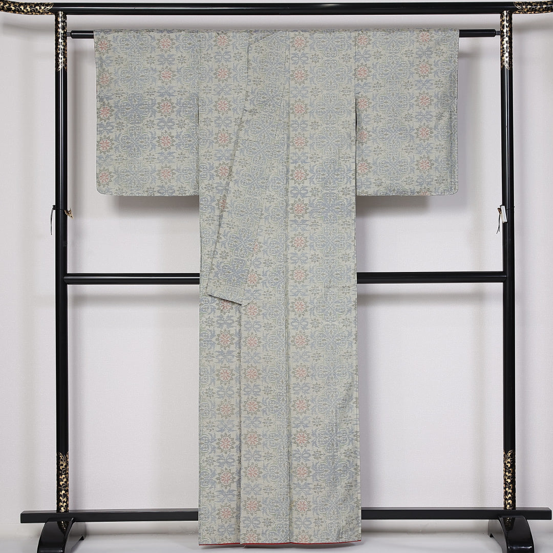 大島紬 袷 身丈159cm 裄62cm 正絹 グレー系 Cランク 1216-01383