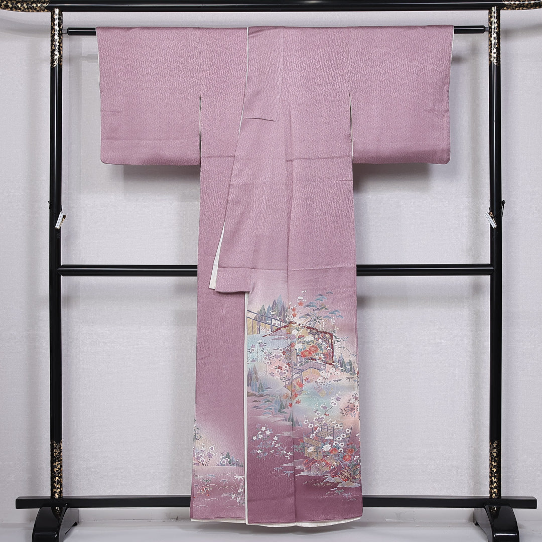 色留袖 身丈157cm 裄丈62.5cm 袷 三つ紋 丸に蔓柏 正絹 Bランク 広衿 比翼仕立て 笠松 御所解 観世水 紋意匠 1211-F0376
