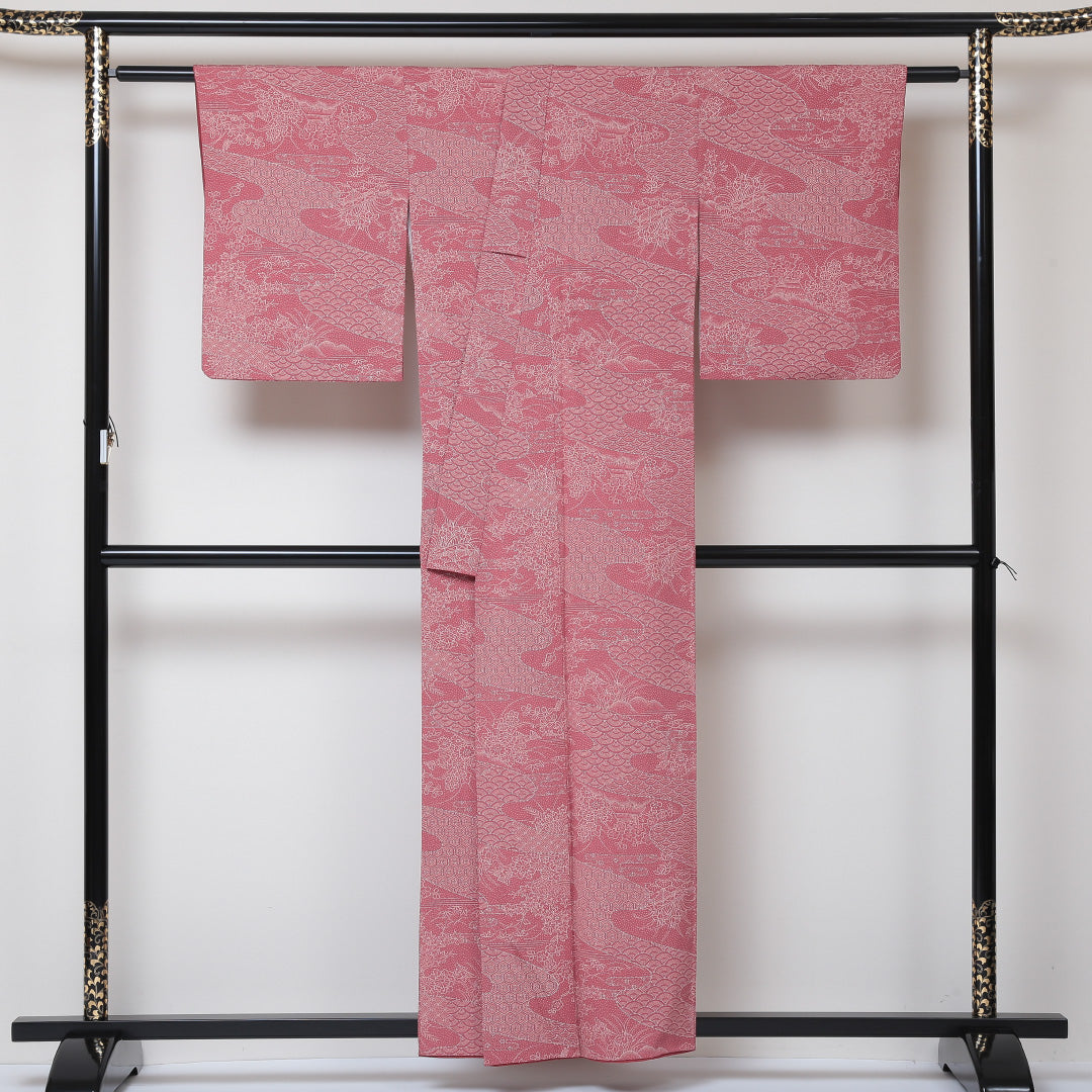 小紋 袷 身丈157cm 裄丈64cm 正絹 Aランク Mサイズ バチ衿 インフォーマル ちりめん 茶屋辻 青海波 ピンク系 1215-01505