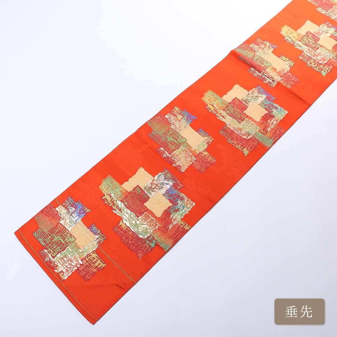 名古屋帯 帯丈360cm 六通 松葉仕立て 正絹 モダン 引箔 カジュアル Sランク 朱系 1224-00823-216 1224-00823