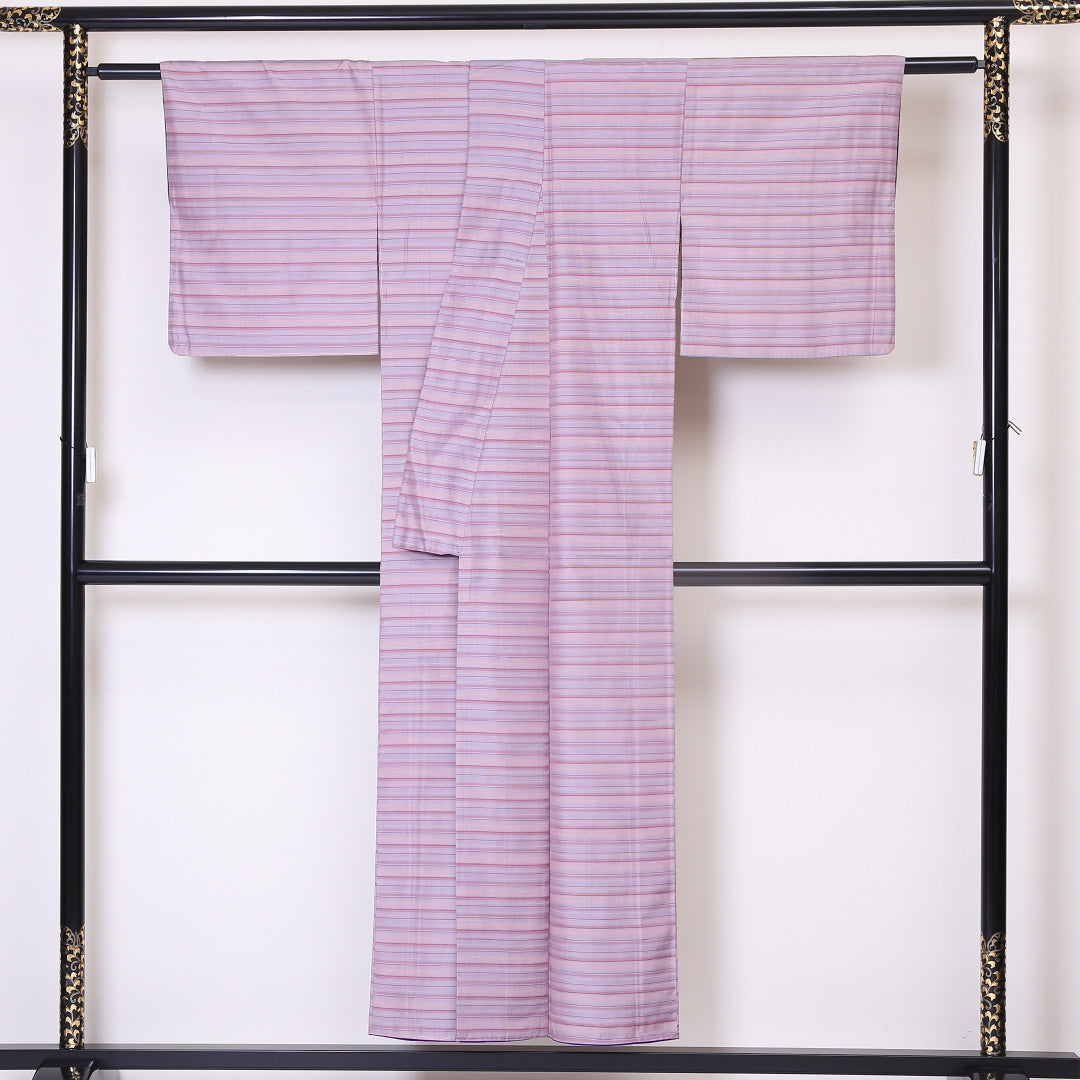 お召 袷 身丈149cm 裄丈63cm 正絹 Bランク インフォーマル 広衿 XSサイズ 縞 紫系 PO 1222-03303