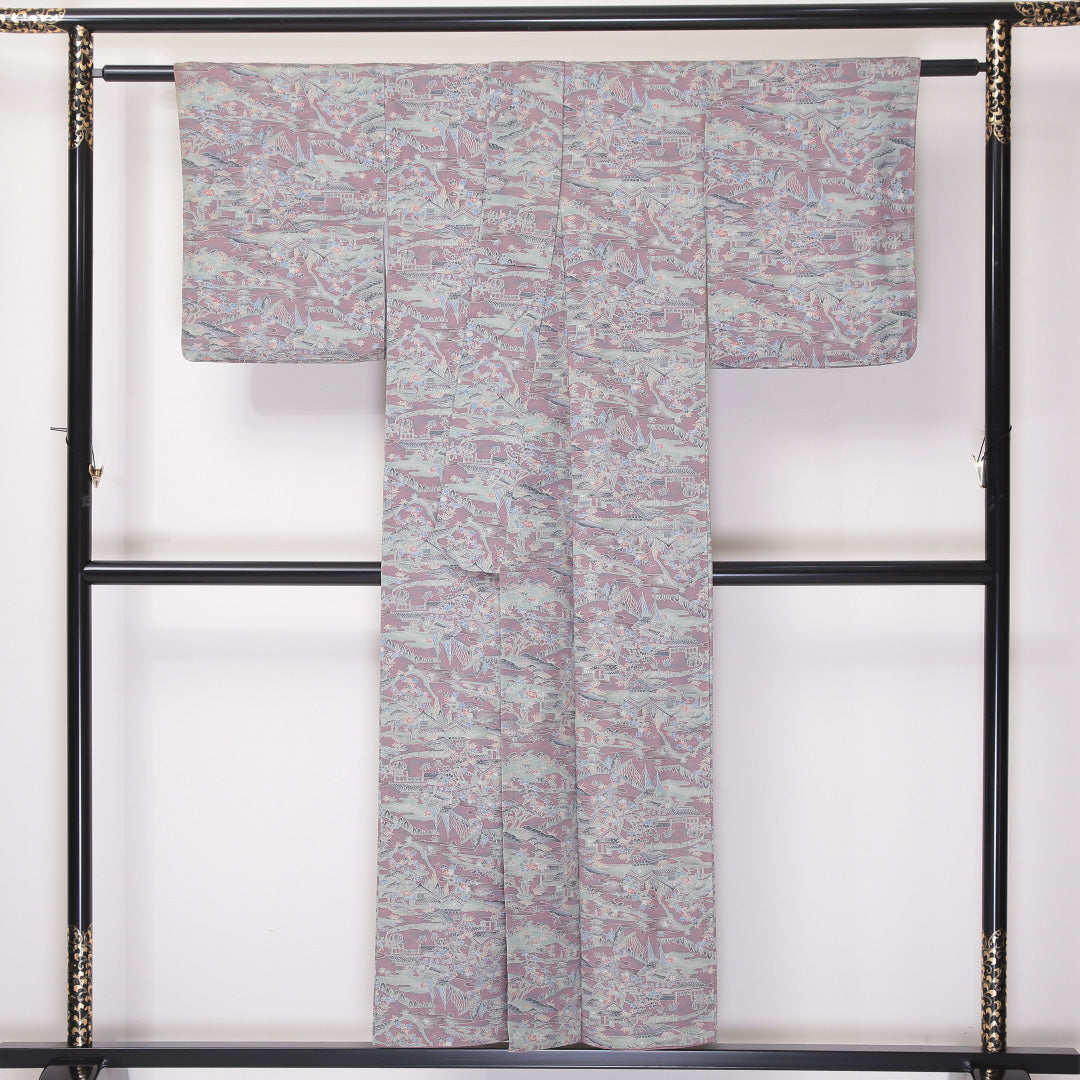 小紋 袷 身丈150cm 裄62cm 正絹 京紅型 御所解 紫系 ちりめん Bランク 1215-02267