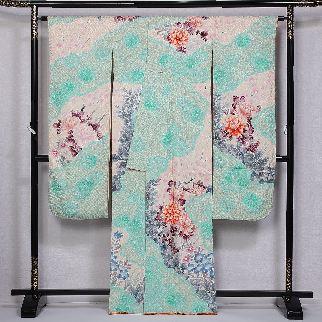 振袖 身丈166cm 裄丈67.5cm 袷 正絹 Cランク 広衿 絞り 牡丹 桔梗 菊 1213-F0398