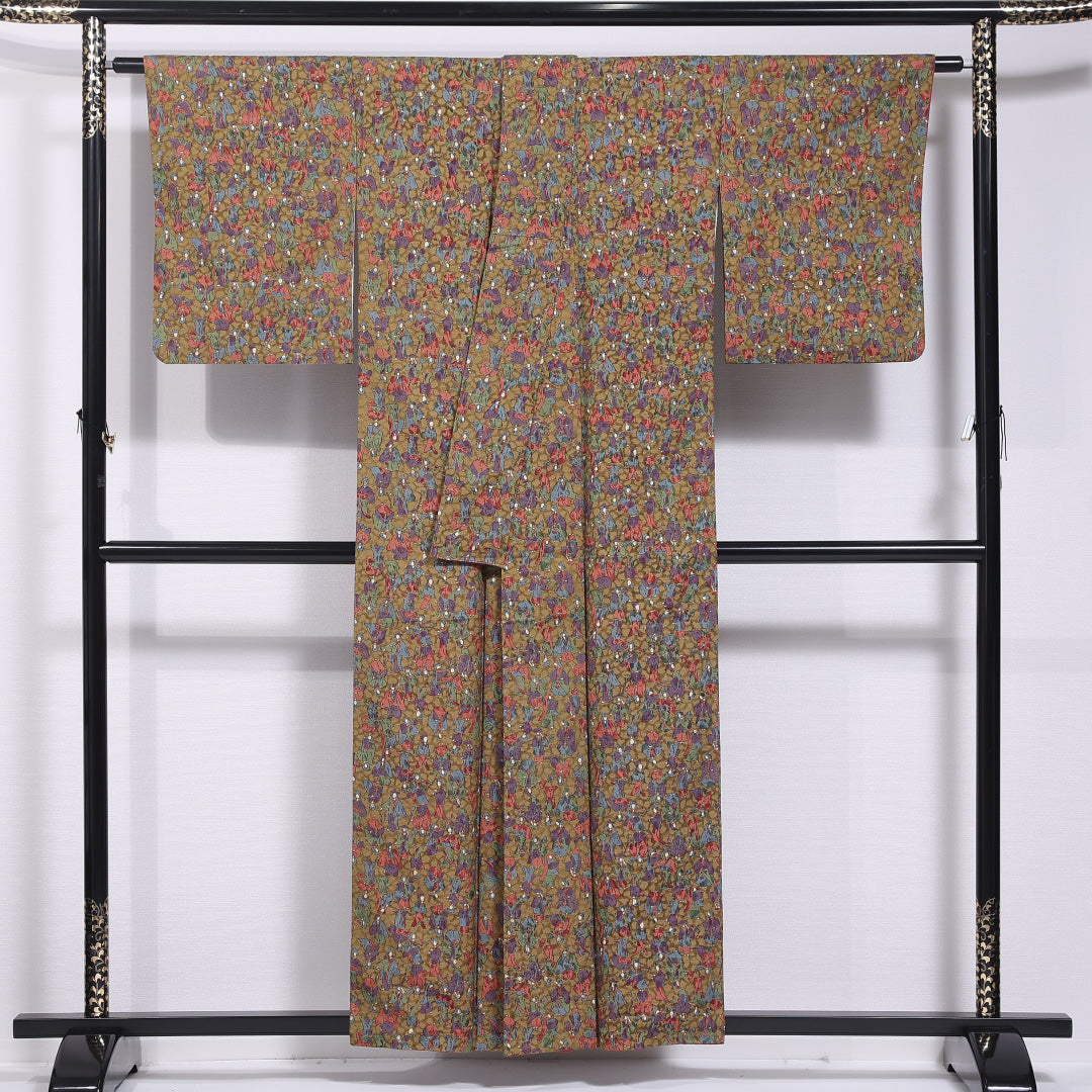 小紋 袷 身丈155cm 裄丈64cm 正絹 Aランク インフォーマル 広衿 Mサイズ 人物 花柄 緑系 HP 1221-11736