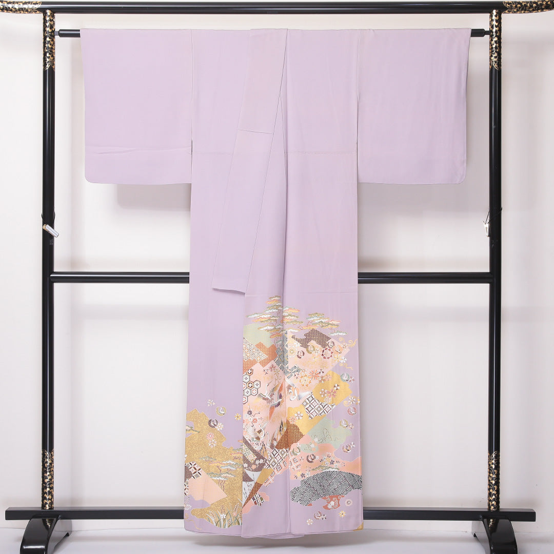 色留袖 袷 身丈156cm 裄65cm 正絹 三つ紋 切嵌め 吉祥文様 花喰い鳥 蘇州刺繡 丸に剣片喰 紫系 Aランク 1211-00153