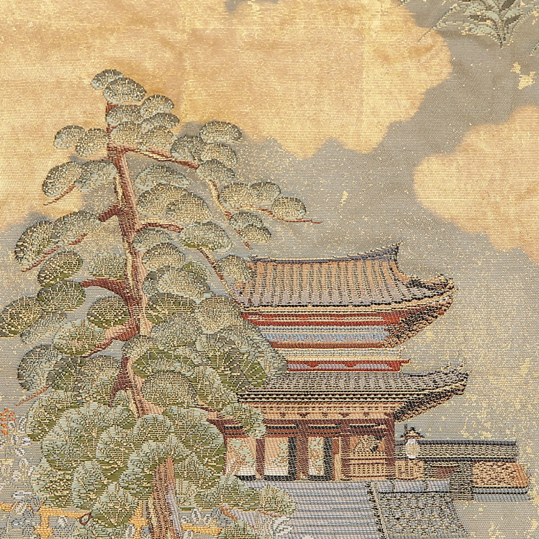 袋帯 帯丈434cm 六通 大和路散策絵文 本金箔 梅 竜胆 寺社仏閣 笠松 フォーマル 金系 正絹 Aランク 1223-01093