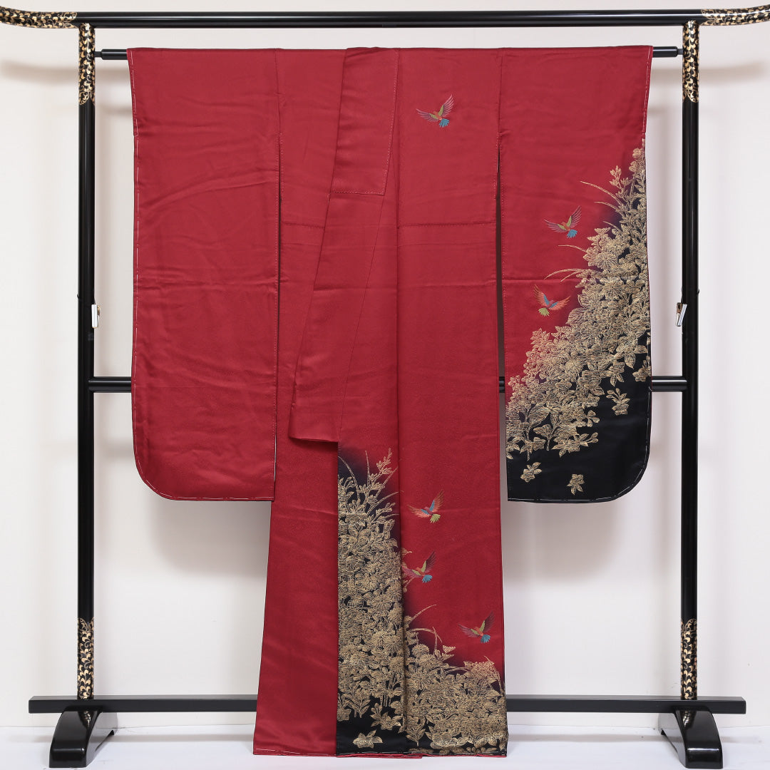 振袖 身丈165cm 裄丈68cm Sランク 袷 正絹 広衿 蘇州刺繍 尾長鳥 牡丹 1213-F0049