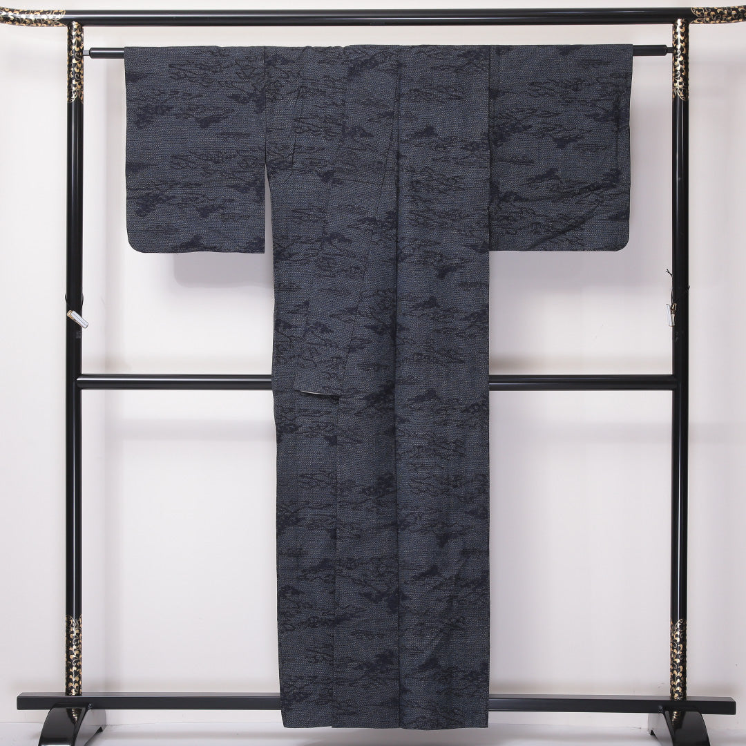 紬 単衣 身丈157cm 裄62cm 正絹 肩当て 山 グレー系 Bランク 1216-01099