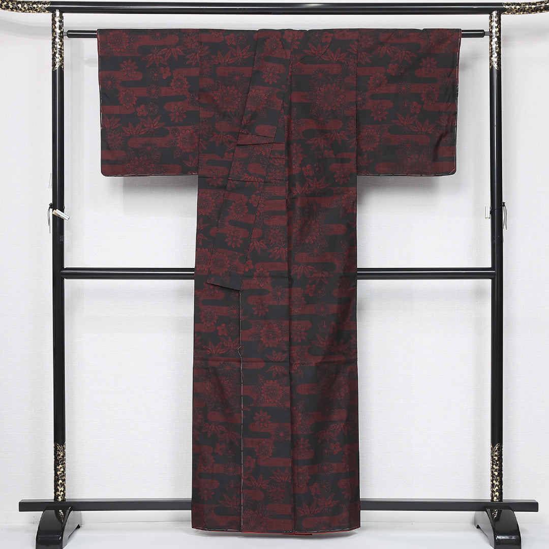 紬 袷 身丈160cm 裄丈64cm 正絹 Aランク カジュアル 広衿 Lサイズ エ霞 花柄 黒系 HP 1223-12155