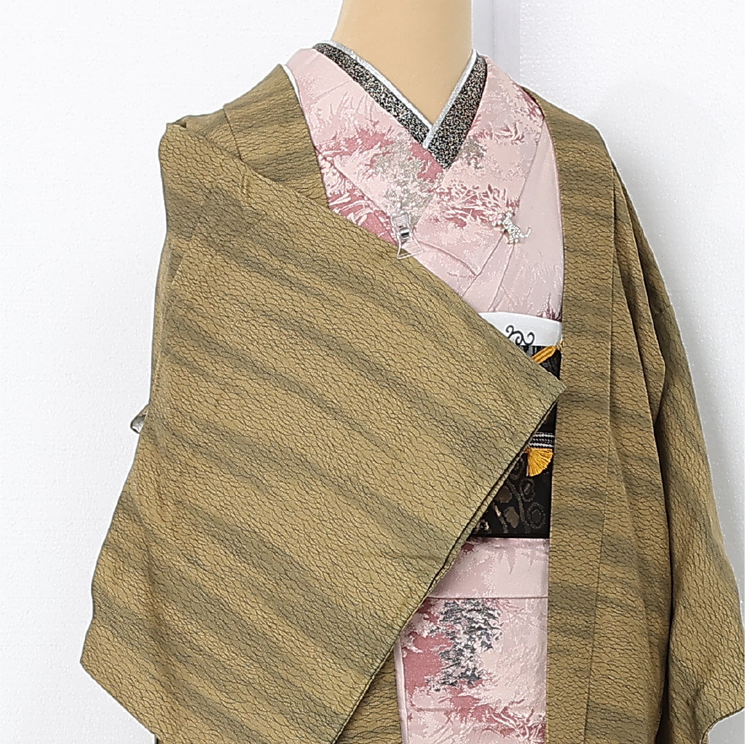羽織 袷 身丈79cm 裄丈65cm 正絹 Sランク カジュアル Mサイズ 紐あり 芝草 茶系 RP 1232-12526