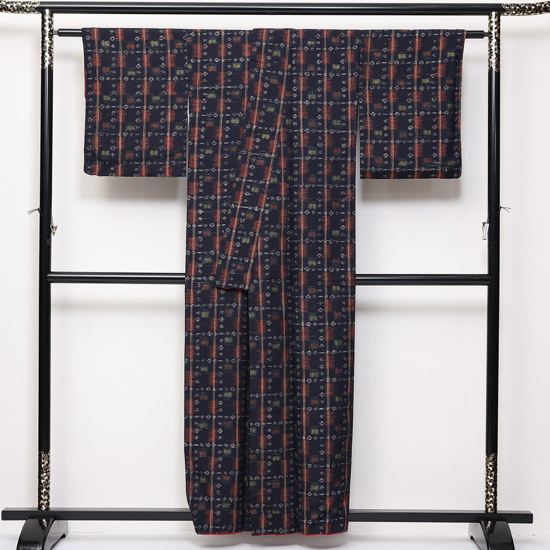 真綿紬 袷 身丈158cm 裄丈62cm 正絹 Aランク カジュアル 広衿 Mサイズ 縞 紺系 RP 1223-03830