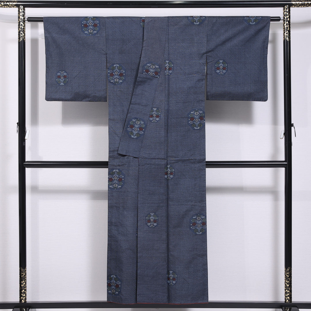 大島紬 袷 身丈152cm 裄丈62cm 正絹 Aランク インフォーマル 広衿 Sサイズ 創作柄 青系 M4 1223-11614