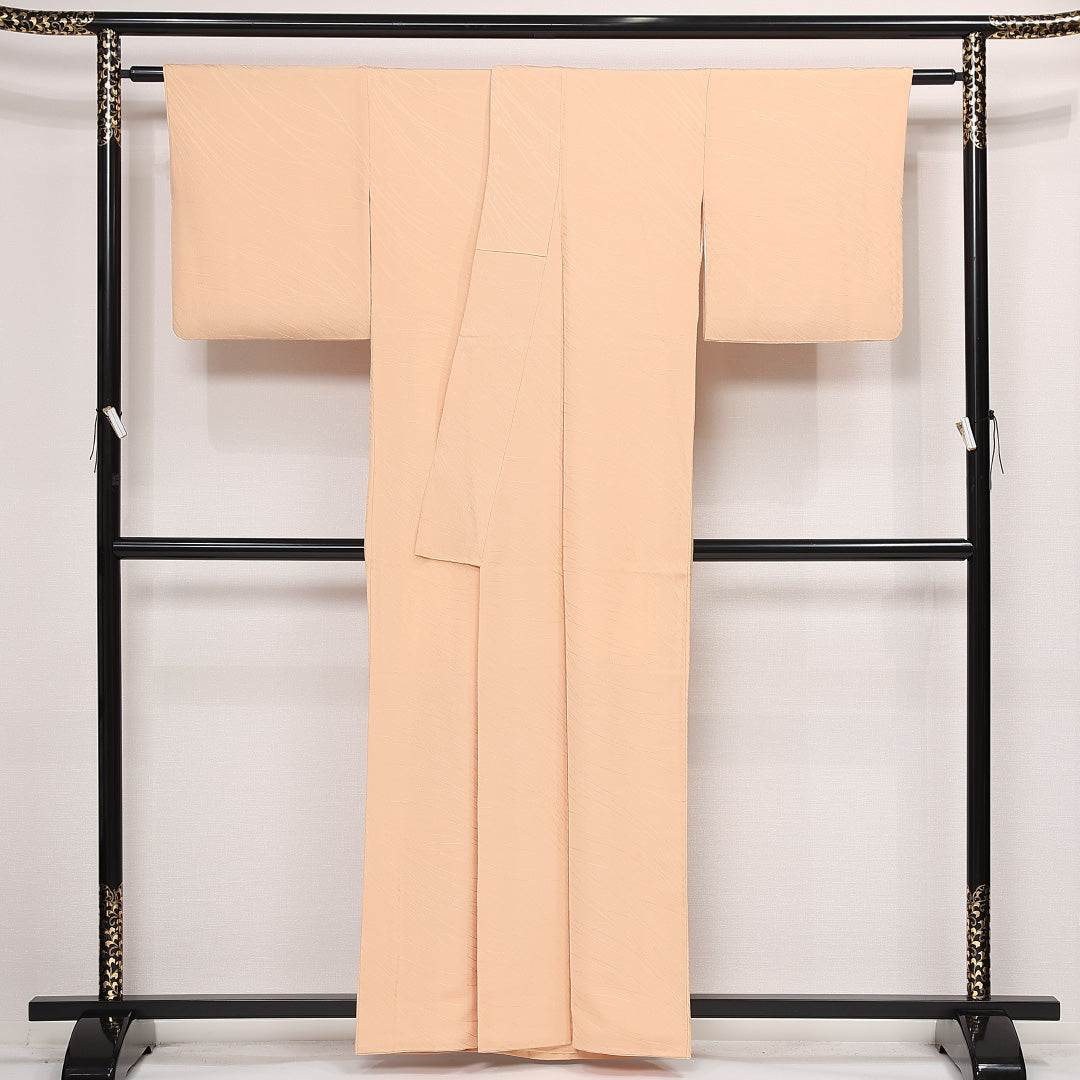 色無地 袷 身丈160cm 裄丈64cm 正絹 Sランク 一つ紋 (蔦) 紋意匠 (芝草) セミフォーマル 広衿 Lサイズ ベージュ系 RP 1219-13330