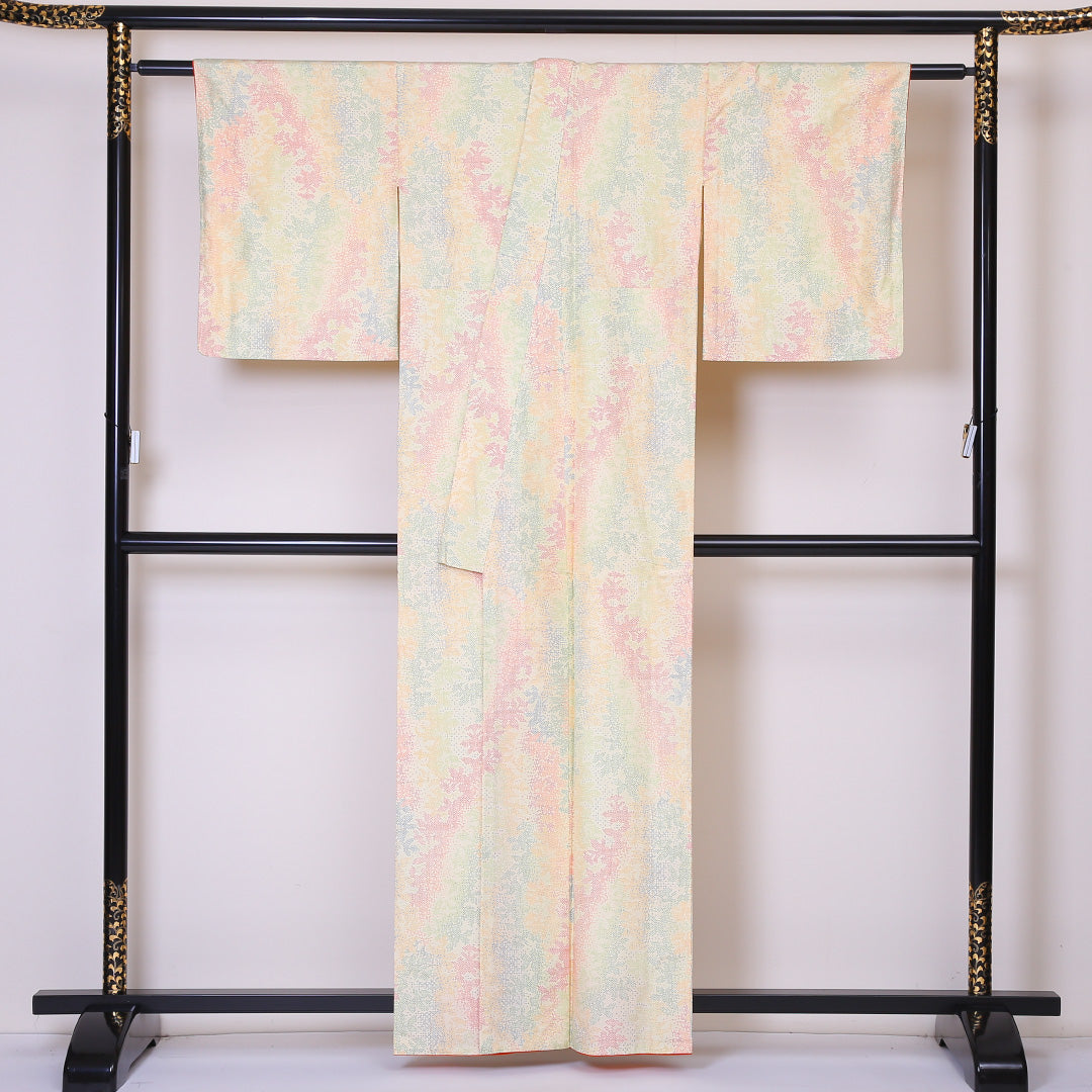紬 袷 身丈159cm 裄62.5cm 本場越後伝承紬 正絹 クリーム系 Aランク 証紙 1216-00792-3315