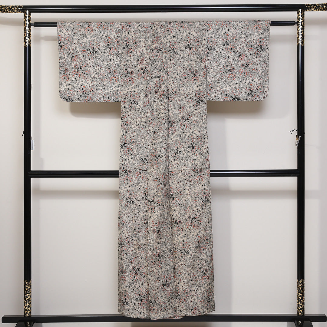 小紋 袷 身丈150cm 裄丈62cm 正絹 Cランク インフォーマル バチ衿 Sサイズ 植物柄 白系 HP 1221-01673