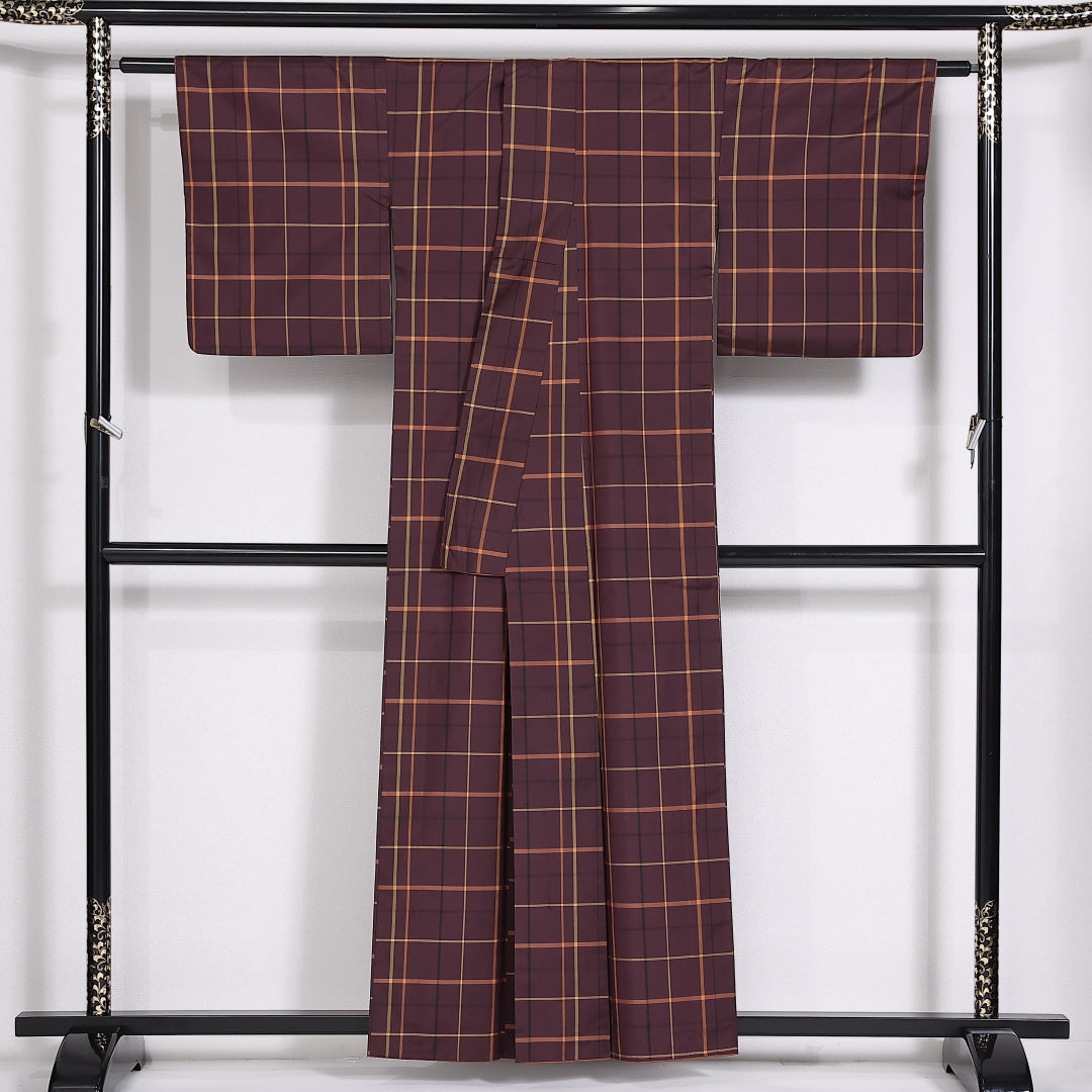 大島紬 袷 身丈157cm 裄66cm 正絹 格子 紫系 Aランク 1216-01425