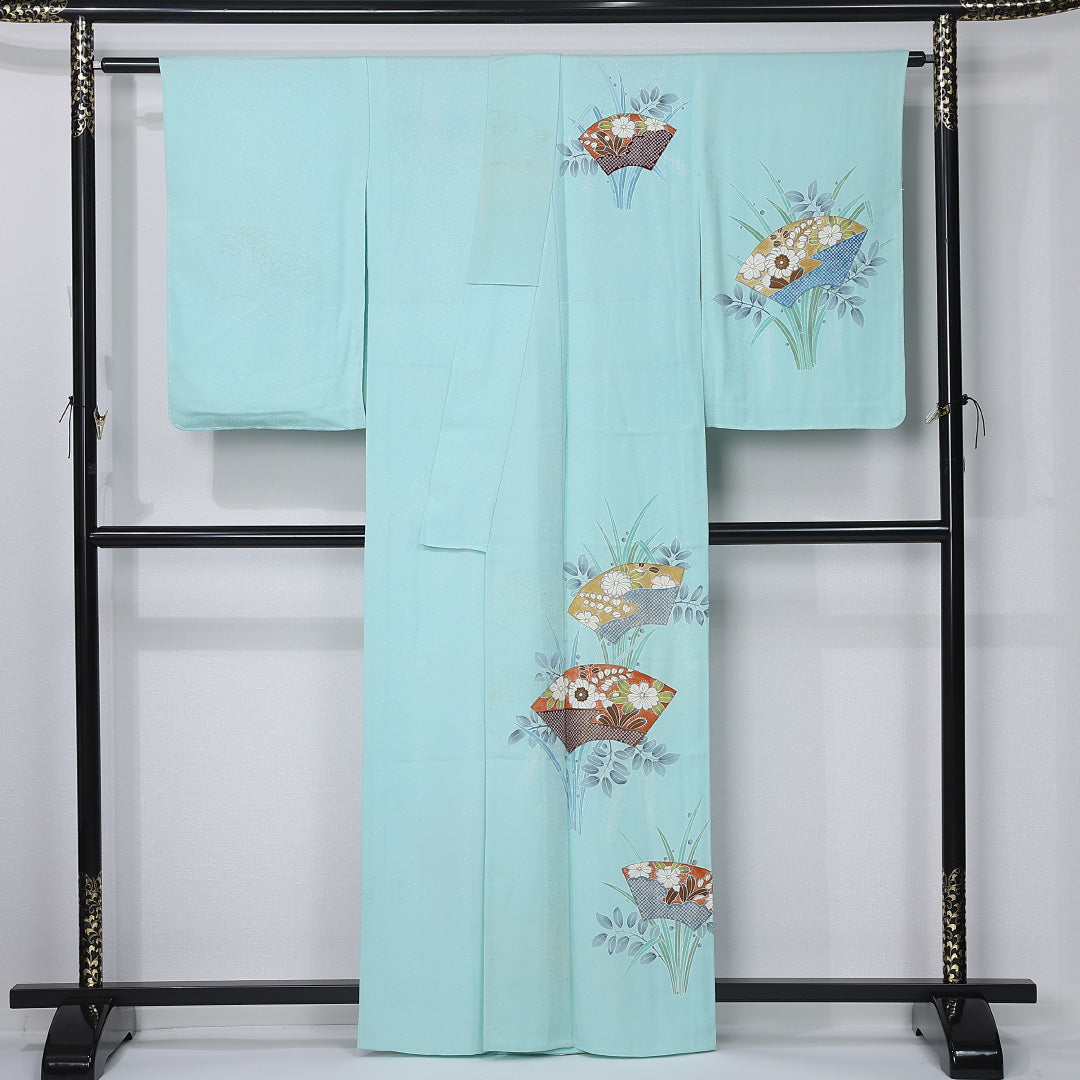 付下げ 身丈162cm 裄丈64cm Aランク L 正絹 単衣 広衿 扇 藤 インフォーマル 水色系 1261-12311