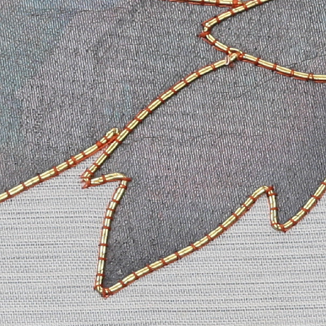 夏物 名古屋帯 ポイント柄 帯丈351cm カジュアル Aランク 正絹 切嵌め 紗 金駒刺繍 植物柄 グレー系 1224-02032