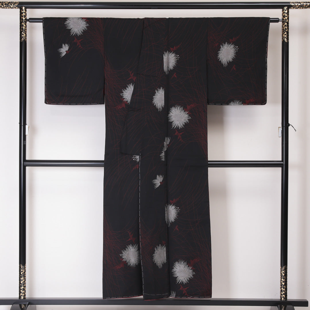 アンティーク お召 袷 身丈149cm 裄丈64cm 正絹 Aランク 広衿 XSサイズ 花柄 黒系 RP 1222-03395