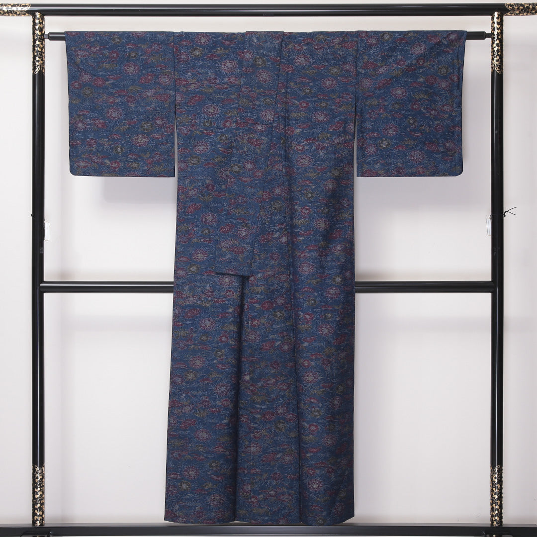 紬 単衣 身丈150cm 裄64cm ウール 洗える着物 ボタニカル 青系 Aランク 1216-00967
