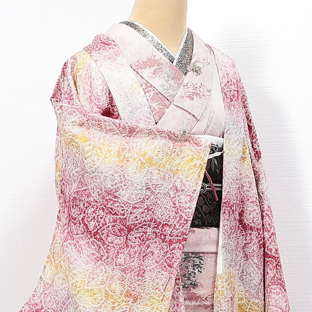羽織 袷 身丈84cm 裄丈65cm 正絹 Sランク カジュアル Mサイズ 紐あり 植物柄 多色系 M4 1232-14693