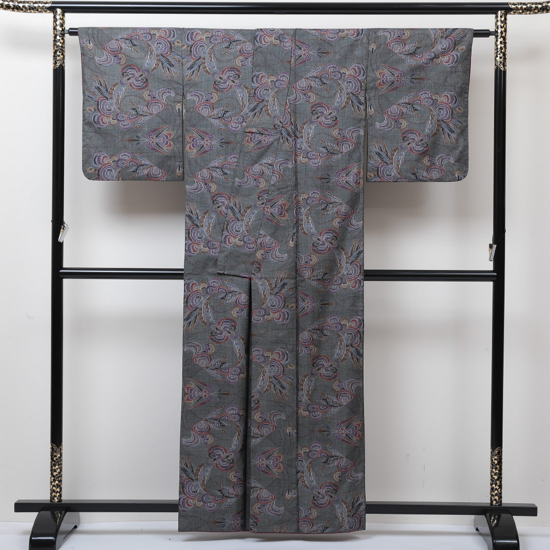 大島紬 袷 身丈158cm 裄65cm 正絹 グレー系 Aランク 1216004203322