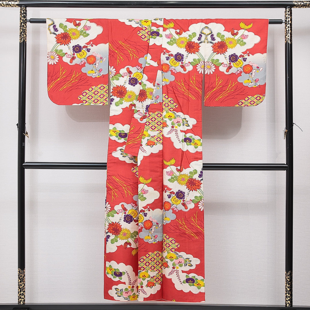 アンティーク 紬(銘仙) 袷 身丈149cm 裄丈64cm 正絹 Dランク XSサイズ バチ衿 梅 赤系 1216-15612